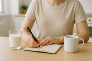 Persoon die aan een keukentafel een klachtenlogboek invult naast een glas melk