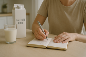 Persoon die aan een keukentafel een klachtenlogboek invult naast een glas melk en een alternatief drankje