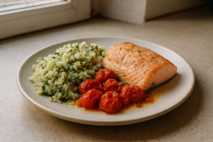 Zalm met tomaat uit de oven en basilicumrijst op een bord