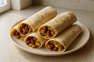 Vegetarische wraps gevuld met bonen, maïs en avocado op een bord