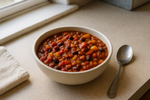 Kom met vegetarische chili met bonen en paprika