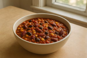 Kom met vegetarische chili met bonen en maïs
