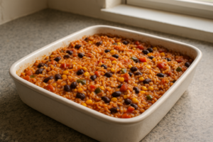 Vegetarische burrito schotel met bonen, maïs en paprika in ovenschaal