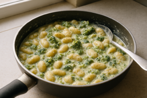 Pan met gnocchi in romige broccoli-knoflooksaus