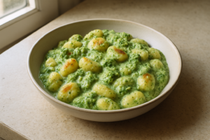 Gnocchi met romige broccoli saus in een pan, romig groen en goudbruin gebakken