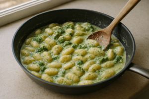 Gnocchi met romige broccoli en citroen in een pan met groene saus
