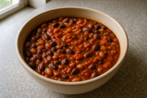 Vegetarische chili met bonen en paprika in een kom, kruidig en romig geserveerd