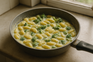 Gnocchi met romige broccoli en citroen in een pan