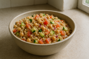 Kom met vegetarische bulgursalade met kikkererwten, komkommer en tomaat
