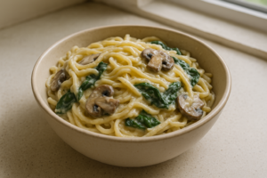 Romige pasta met champignons en spinazie in een kom, vers geserveerd
