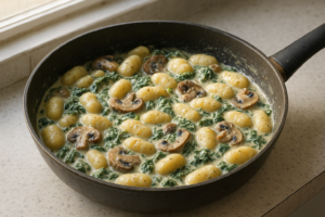 Gnocchi met romige spinazie en champignons in een pan