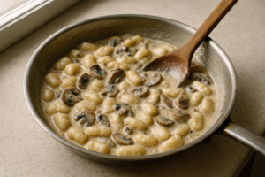 Gnocchi met romige paddenstoelen in een pan met romige saus