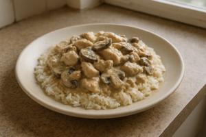 Kip met romige champignon saus en rijst in een pan, vers geserveerd