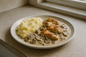 Kip met romige champignon saus en aardappelpuree in een pan