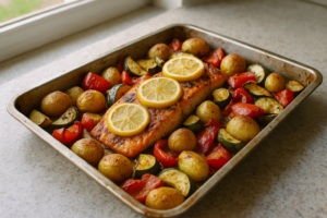 Zalm met citroen en geroosterde groente uit de oven op een bakplaat