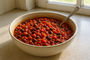 Vegetarische chilli met bonen, tomaat en paprika in een pan