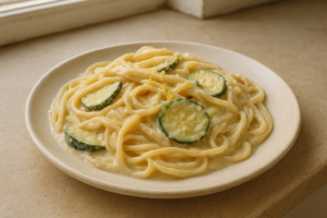 Romige pasta met courgette en citroen op een bord