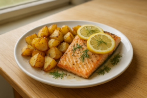 Zalm met geroosterde aardappels en dille op een bord met citroen