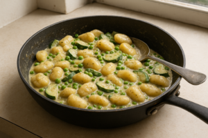 Gnocchi met romige courgette en erwtjes in een pan
