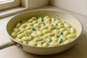 Gnocchi met romige courgette en citroen in een koekenpan