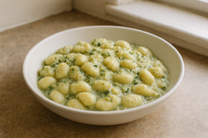Gnocchi met romige courgette en basilicum in een kom