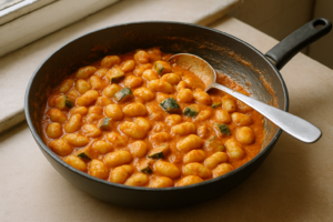 Gnocchi met romige tomaat en courgette in een pan