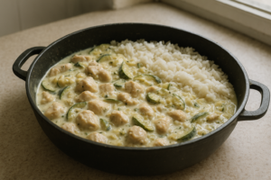 Kip met romige courgettesaus en rijst in een pan, vers geserveerd
