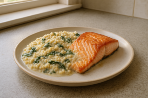 Bord met zalm, romige couscous en geslonken spinazie