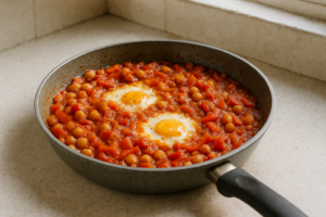 Vegetarische shakshuka met kikkererwten in een pan met tomaat en paprika