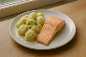 Bord met zalm en romige dilleaardappelen met citroen