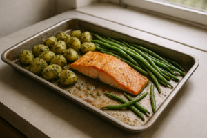 Zalm met pesto-aardappelen en sperziebonen op een bakplaat