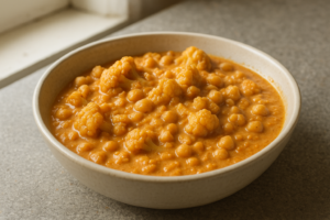 Kom met romige vegetarische curry met bloemkool en kikkererwten