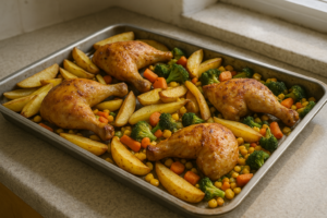 Kip uit de oven met aardappel en groente op een bakplaat