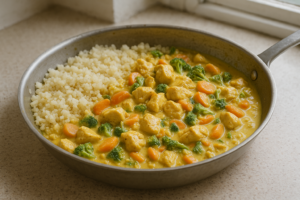 Kip met romige kerrie saus en bloemkoolrijst in een pan met gele saus en groente