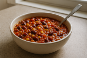 Kom met vegetarische chili met bonen en maïs