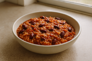 Kom met vegetarische chili sin carne en rijst, vol bonen en tomaat