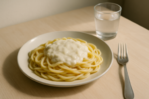 Bord pasta met eenvoudige roomsaus op een lichte keukentafel
