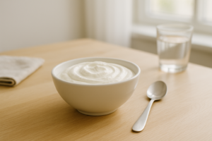 Kom dikke yoghurtachtige skyr op een lichte keukentafel met een lepel ernaast