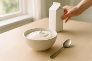 Kommetje dikke skyr-achtige yoghurt op een lichte keukentafel met lepel ernaast