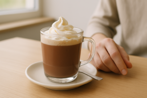 Kop warme chocolademelk met een toef slagroom op een lichte tafel, met een hand ernaast die aarzelt over de keuze