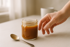 Klein potje karamelsaus op een lichte keukentafel met lepel ernaast