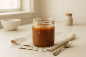 Glazen potje met eenvoudige karamelsaus op een lichte keukentafel