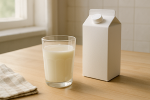 Glas karnemelk op een lichte keukentafel naast een neutrale verpakking zonder leesbaar etiket
