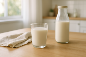 Glas naturel kefir op een lichte keukentafel in daglicht