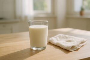 Glas kefir van koemelk op een lichte keukentafel in daglicht