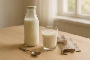 Glas en fles met kefir op een lichte keukentafel in daglicht