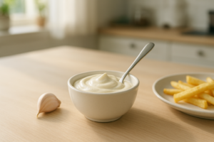 Klein schaaltje knoflooksaus op een lichte tafel naast een teentje knoflook en wat friet