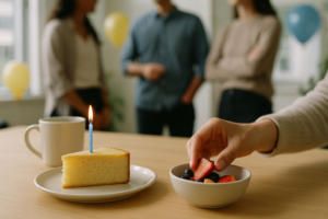 Informele werkverjaardag met iemand die een koemelkvrije snack kiest in plaats van taart