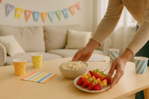 Kinderfeestje met eenvoudige koemelkvrije snacks zoals popcorn en fruit op een lichte tafel
