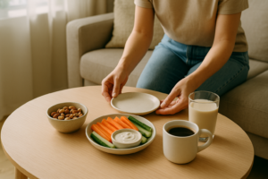 Gezellige koffietafel met eenvoudige koemelkvrije snacks voor visite
